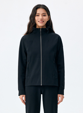 LANBU蓝步针织夹克女装秋冬新款黑色连帽运动服休闲跑步外套开衫