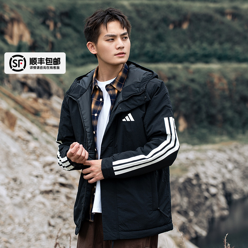 阿迪达斯棉服男冬季新款运动棉衣加厚保暖外套男士黑色夹克棉袄