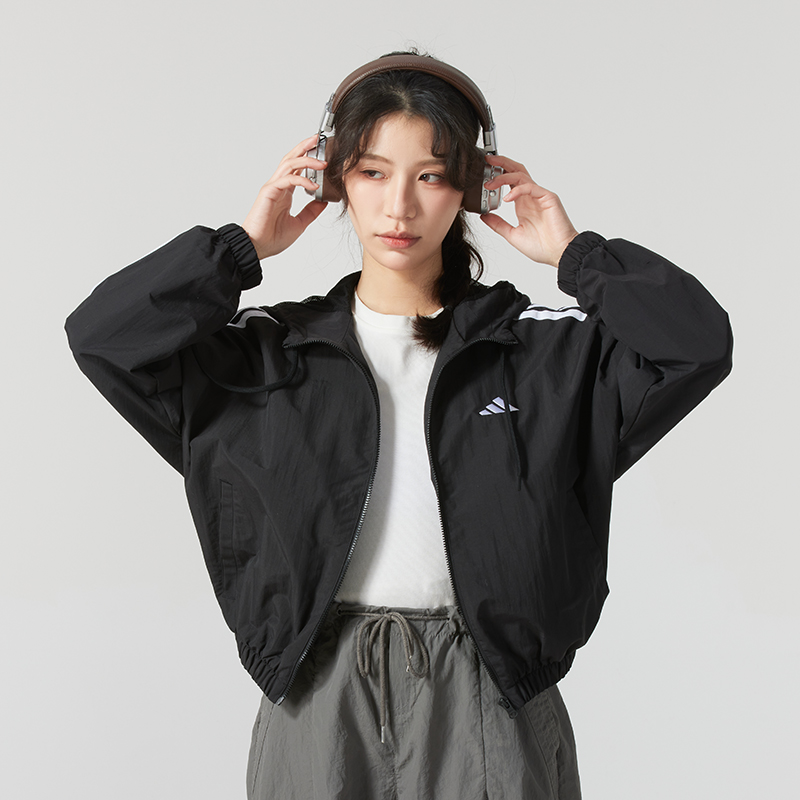 阿迪达斯官旗正品外套女装2025新款黑色连帽运动上衣薄款休闲夹克