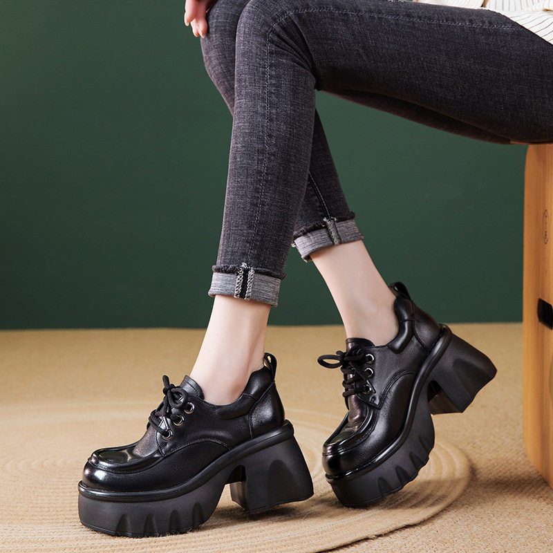 《头层牛皮》小个子厚底增高9CM春秋真皮单鞋女英伦风系带乐福鞋