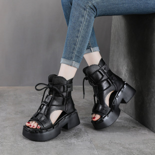 女时尚 真皮罗马凉鞋 小个子厚底增高7CM夏季 鱼嘴凉靴 头层牛皮