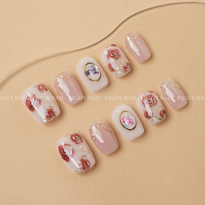 粉色玫瑰纯手工穿戴甲短芭蕾没加