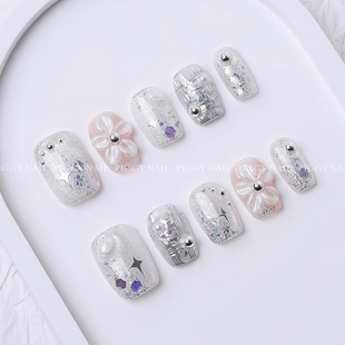 纯手工穿戴甲白色雕花猫眼日常气质百搭显白短甲 白开水