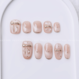 纯手工穿戴甲法式 猫眼立体浮雕蝴蝶结日常显白 小千金 Piggy