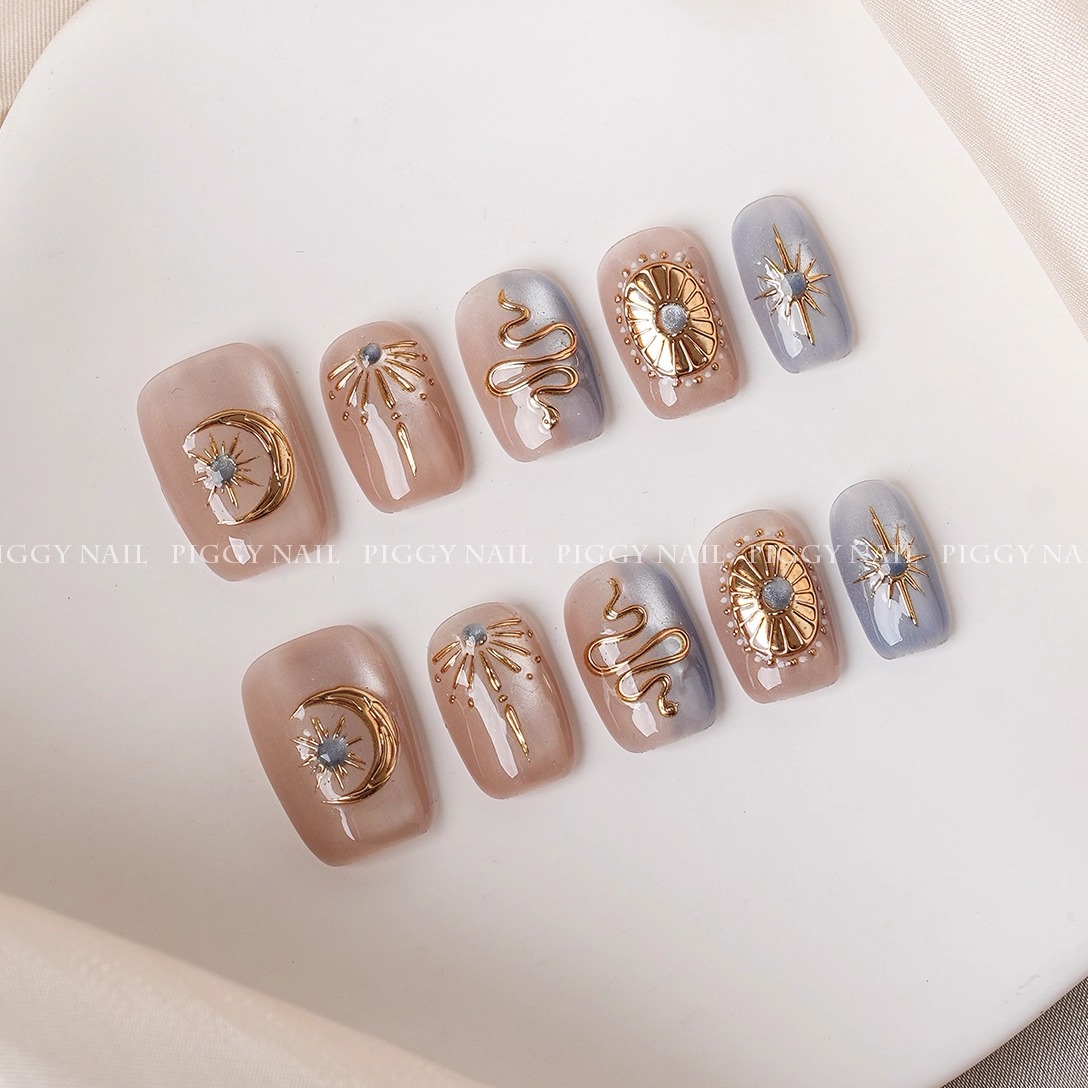 【尼克斯】纯手工穿戴甲日常渐变手绘猫眼短甲气质显白百搭