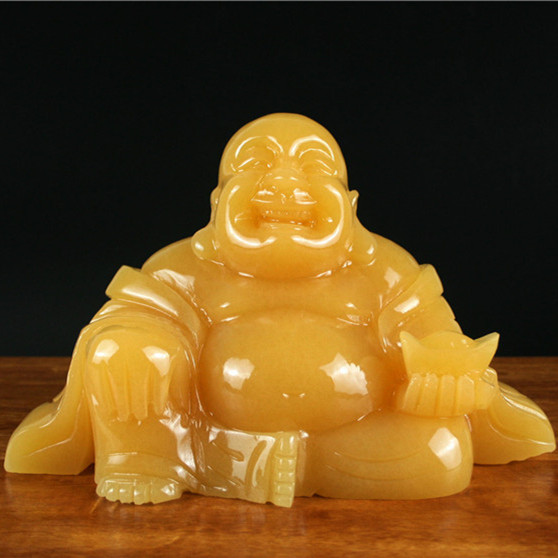 天然米黄玉佛公佛像摆件弥勒佛手捧元宝客厅摆件玉石招财风水摆件