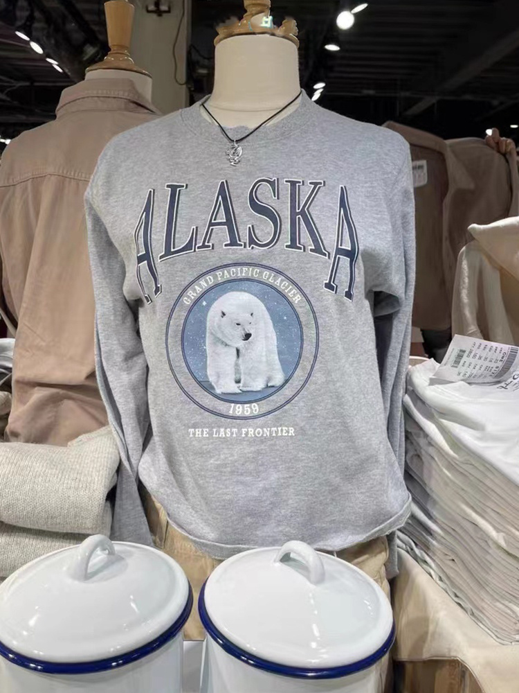 Brandy BM新款ALASKA字母印花长袖T恤bm美式北极熊灰色薄卫衣女潮