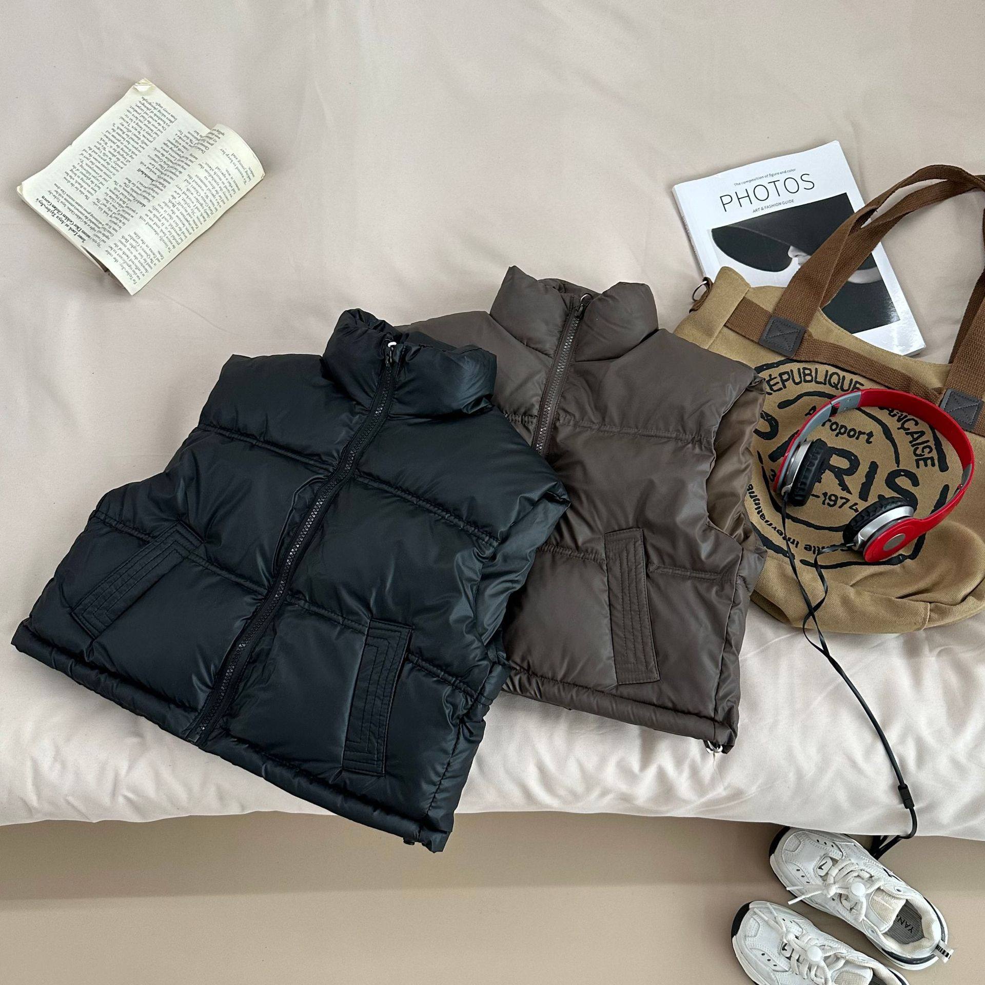 左西正秋冬季新款小羊皮棉马甲外穿中大童加厚立领坎肩男女童时尚