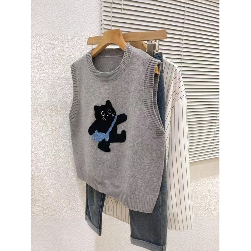 左西正儿童马甲秋冬外穿洋气2026新款男童女童背心外套猫咪针织毛