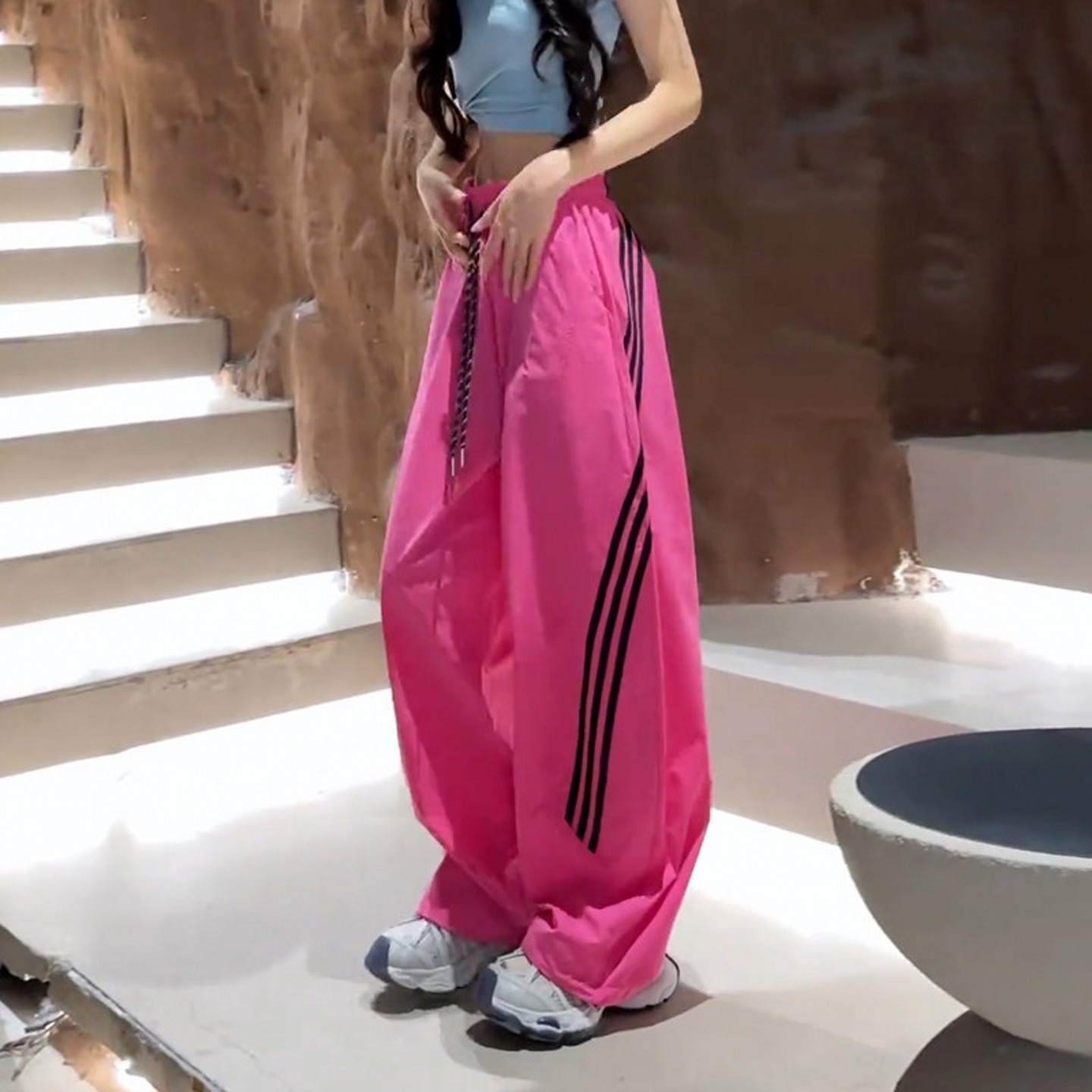 美式条纹速干工装裤女夏季学生宽松弯刀阔腿裤冰丝防晒休闲运动裤