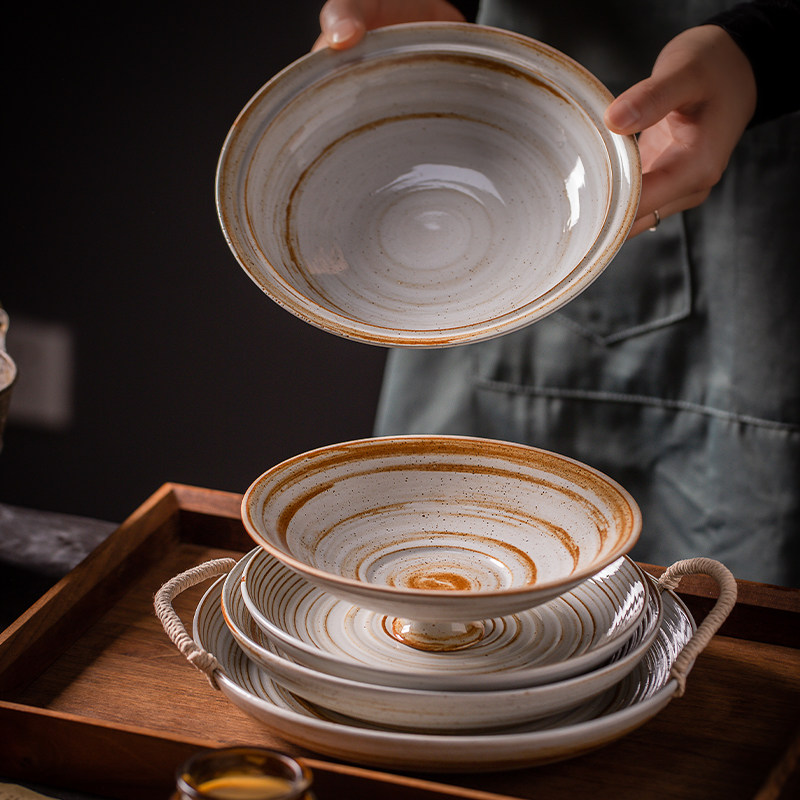 莳绘金缮景德镇柴烧陶瓷碗盘家用创意高足碗日式家用菜盘沙拉深盘