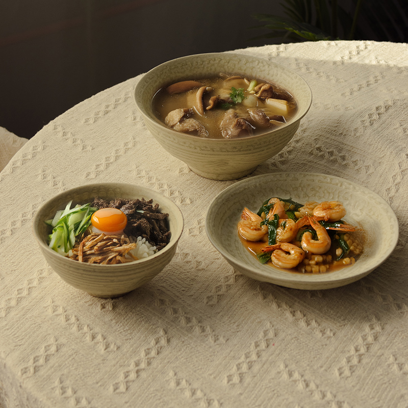 手捏粗陶复古不规则碗碟家用