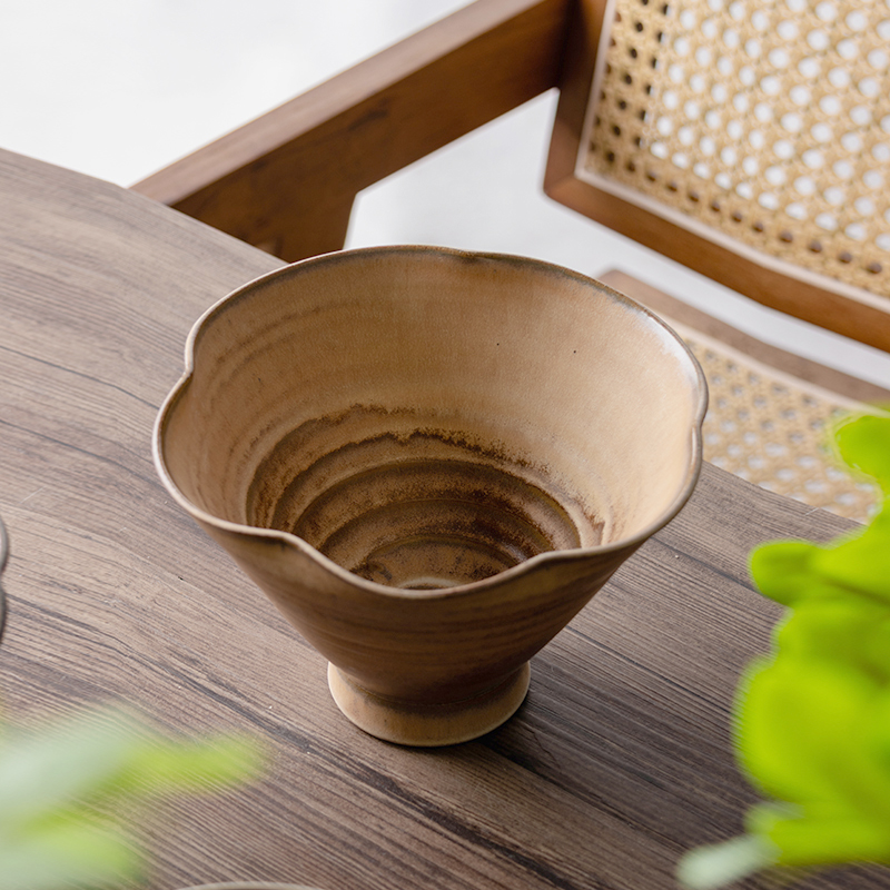 复古哑光粗陶螺纹深碗高足面碗