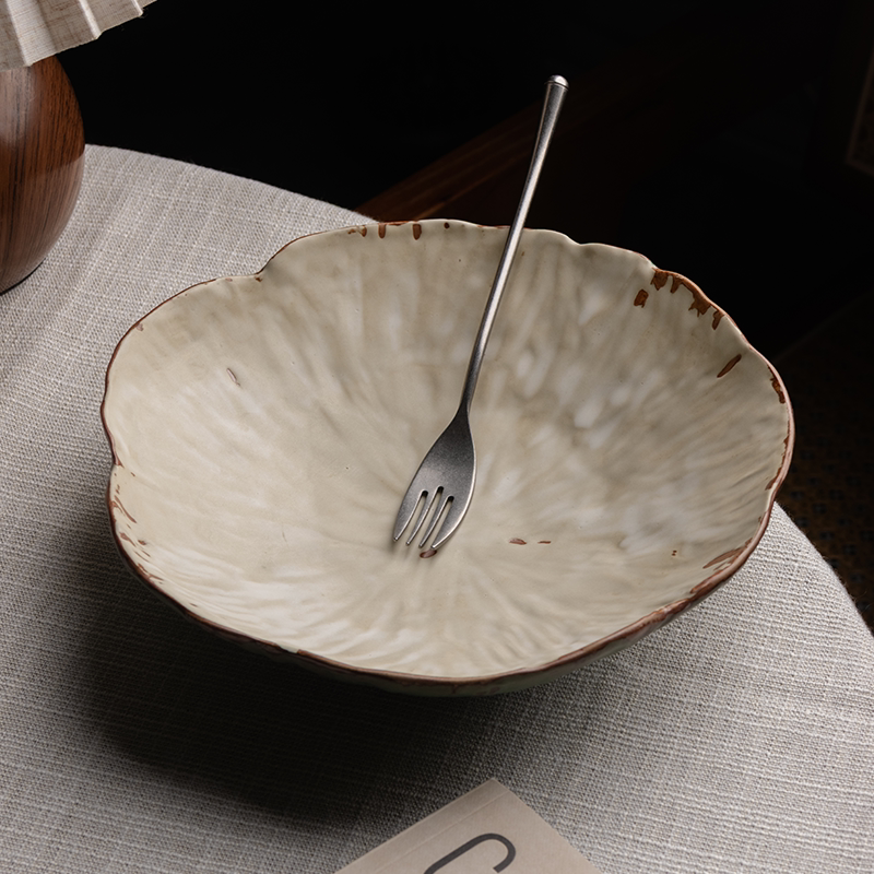 莳绘金缮景德镇晚荷9英寸菜盘家用复古粗陶高颜值沙拉碗深盘汤盘