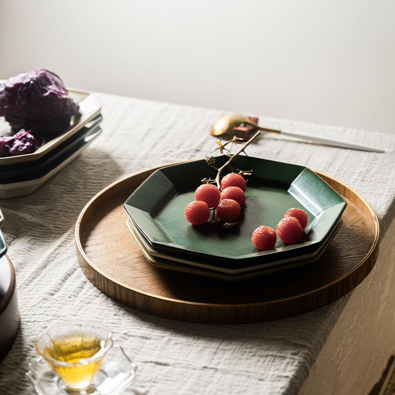 莳绘金缮日式粗陶复古八角盘菜盘