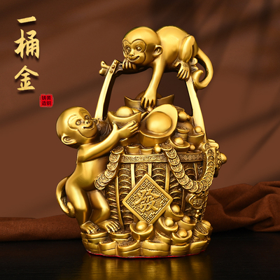 铜一桶金猴子摆件生肖猴存钱罐