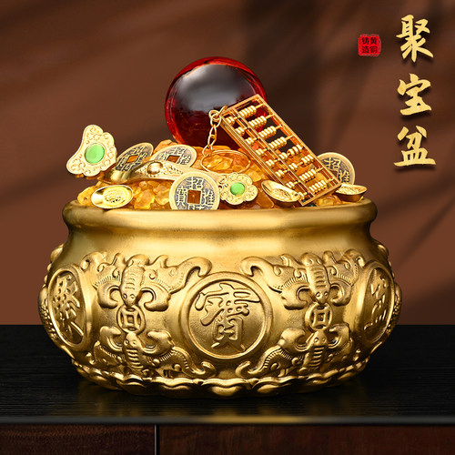 黄铜聚宝盆摆件五福香炉龙凤铜缸