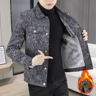 加绒外套男款秋冬季2025新款潮流休闲轻熟风短款翻领冬装男士夹克