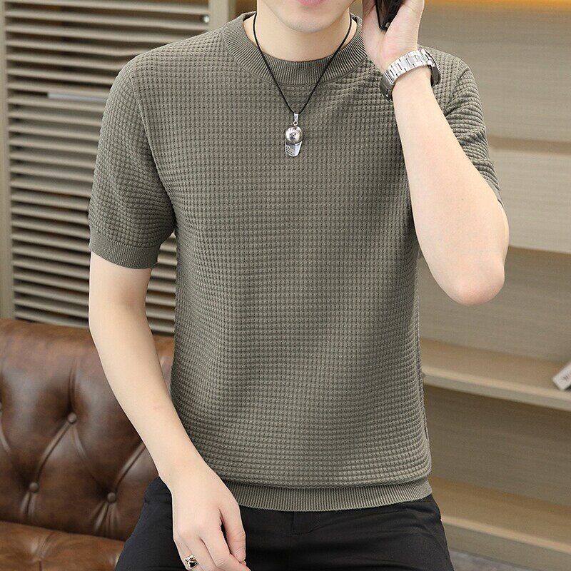 秋冬季新款针织短袖男士t恤内搭毛衣男毛衫毛线衣保暖打底衫上衣