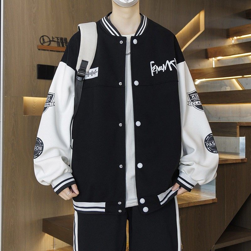 外套男棒球服秋冬款加绒青少年潮牌宽松帅气学生大童加厚夹克套装