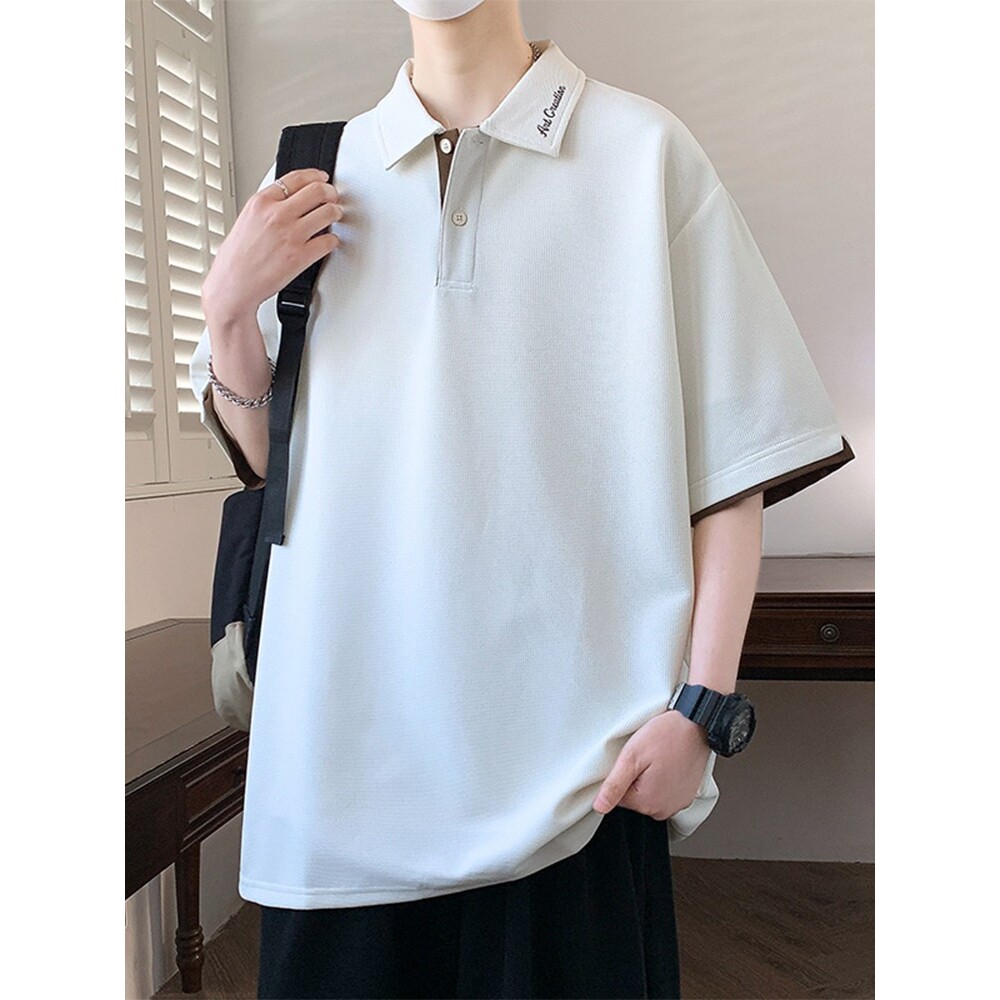 短袖polo衫男夏季潮牌闲翻领t恤男宽松休闲帅气五分半袖体恤上衣