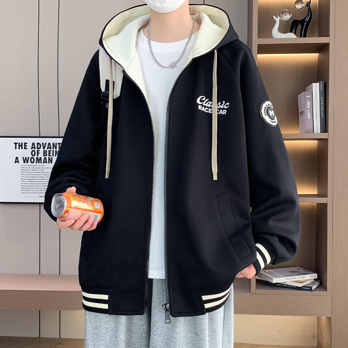 棒球服外套男秋冬款潮牌宽松加绒保暖夹克青少年休闲春秋连帽褂子