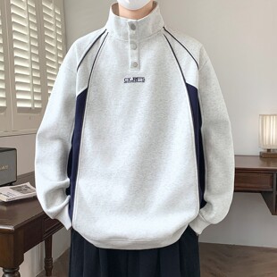 青少年美式拼接设计感潮运动风休闲宽松春秋季polo领男生长袖卫衣