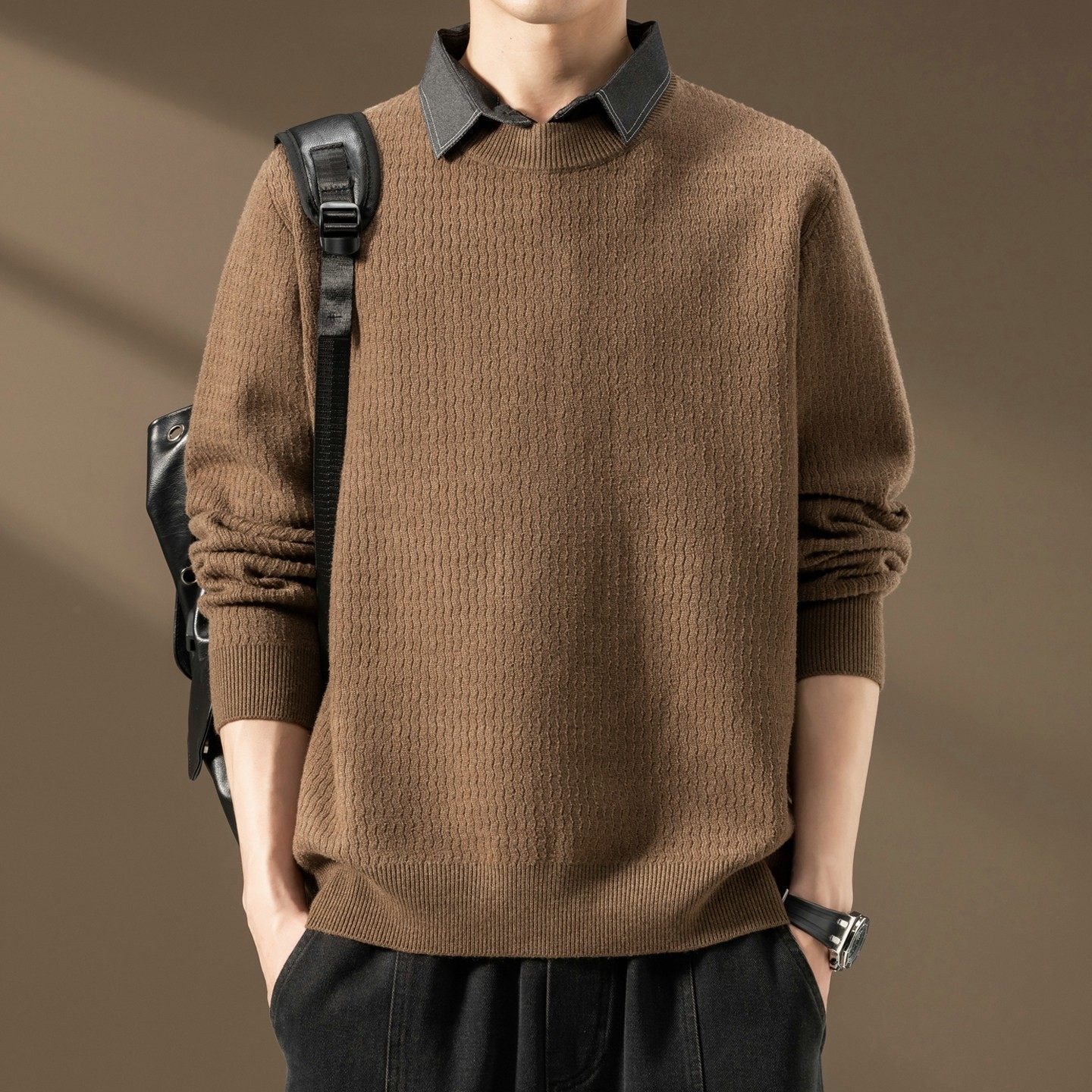 假两件衬衫领毛衣男士秋冬季2025新款时尚潮流宽松保暖上衣针织衫,运动服/休闲服装,运动套装,淘宝优惠券,粉丝福利购,淘宝优惠卷