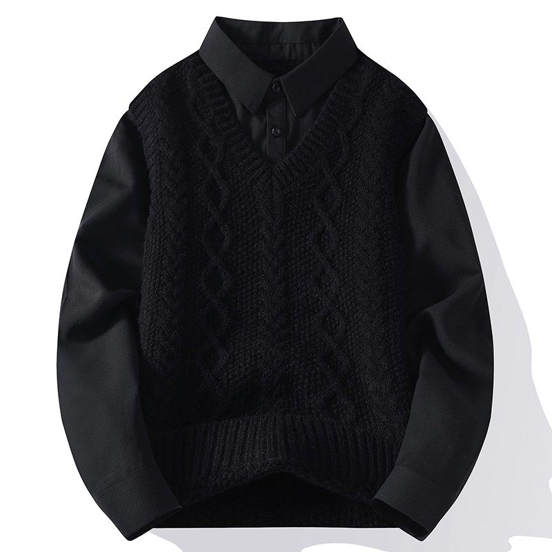 衬衫领拼接假两件毛衣男秋冬季内搭打底衫衬衣日系复古宽松可外穿,运动服/休闲服装,运动套装,淘宝优惠券,粉丝福利购,淘宝优惠卷