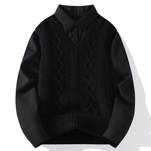 衬衫领拼接假两件毛衣男秋冬季内搭打底衫衬衣日系复古宽松可外穿
