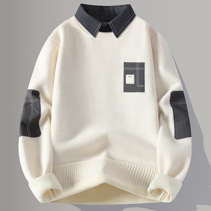 秋冬款青少年男生衬衫领毛衣假两件针织加绒高级感条纹毛线衣外套,运动服/休闲服装,运动套装,淘宝优惠券,粉丝福利购,淘宝优惠卷