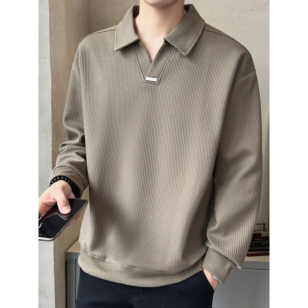 高端翻领长袖T恤男无帽卫衣春秋季2026新款潮流宽松t男装上衣外套