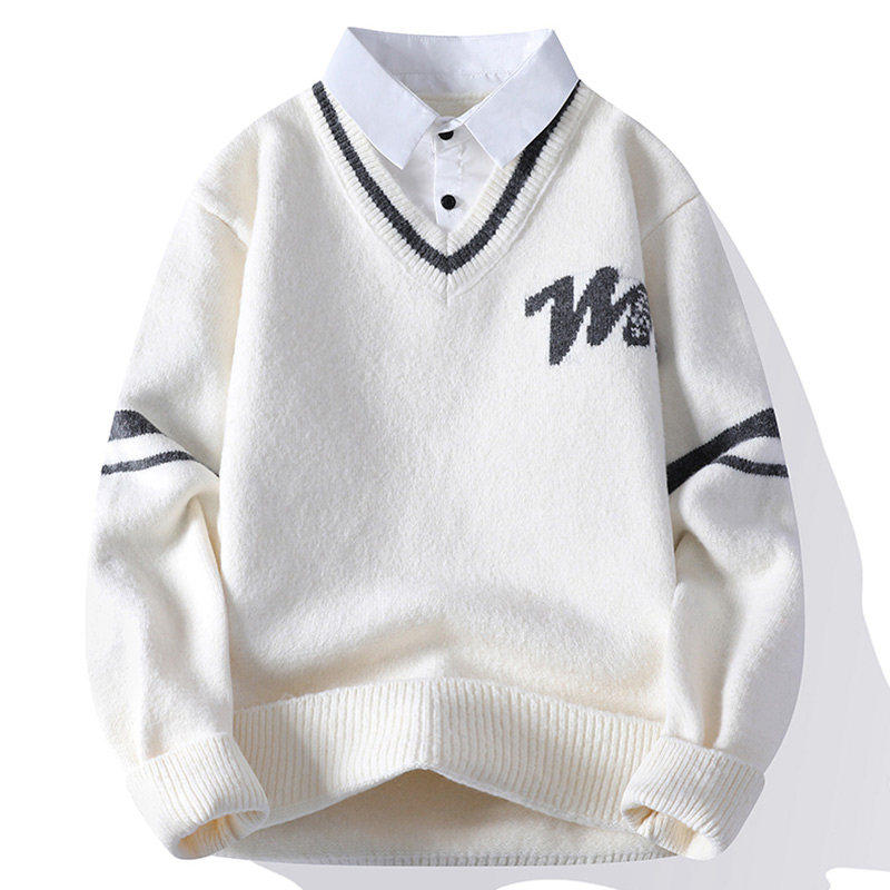 衬衫领毛衣男士秋冬季潮牌宽松假两件针织衫青少年高级感线衣外套