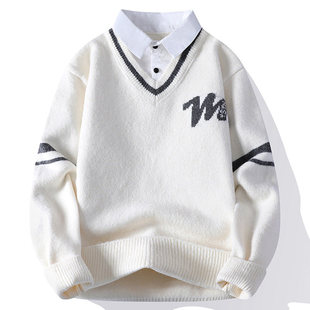 衬衫领毛衣男士秋冬季潮牌宽松假两件针织衫青少年高级感线衣外套