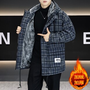 冬季加绒加厚牛仔派克服青少年宽松连帽棉衣保暖夹克潮流韩版外套