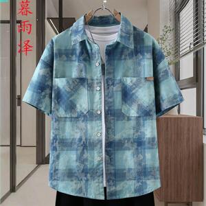 薄格子夹克蓝色夏季男纯棉