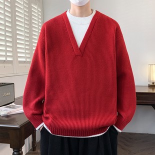 假两件V领毛衣男款本命年红色加厚保暖针织衫男秋冬季内搭打底衫