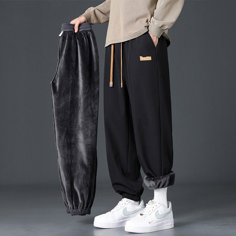 加绒裤子男款秋冬季保暖束脚运动卫裤男青少年潮牌热力绒休闲长裤