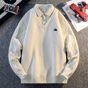 假两件毛衣男士秋冬季加绒加厚针织衫男学生学院风潮牌衬衫领衣服