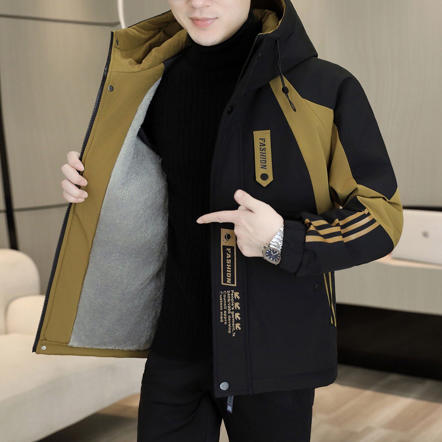 加绒外套男款秋冬季撞色拼接工装夹克男青少年加厚保暖冬装棉衣服