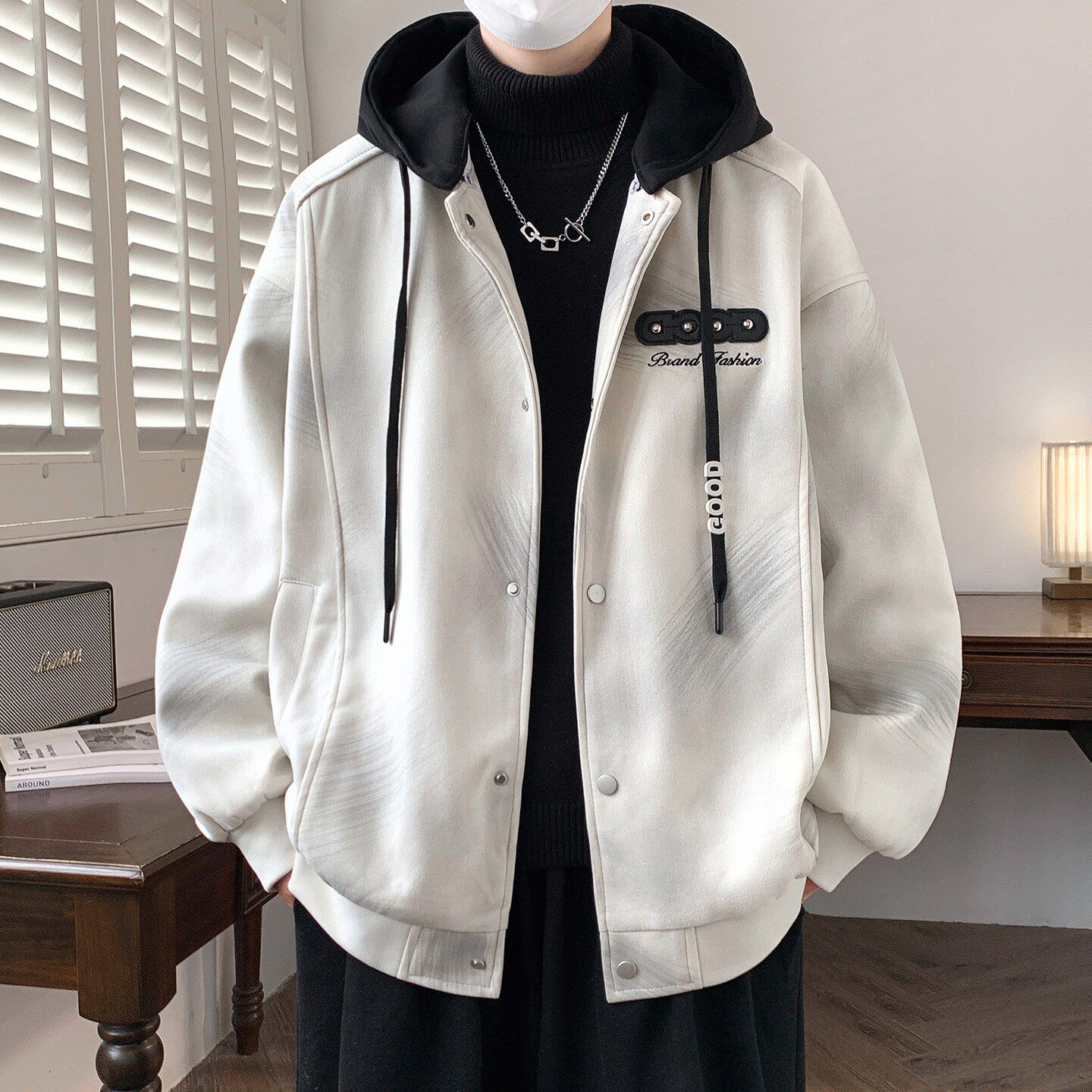 休闲风外套男春秋季可拆卸帽夹克男款潮牌假两件春装美式复古衣服