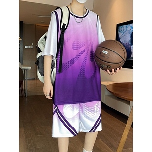 短袖篮球服套装男球衣定制速干冰丝T恤青少年运动宽松短裤假两件