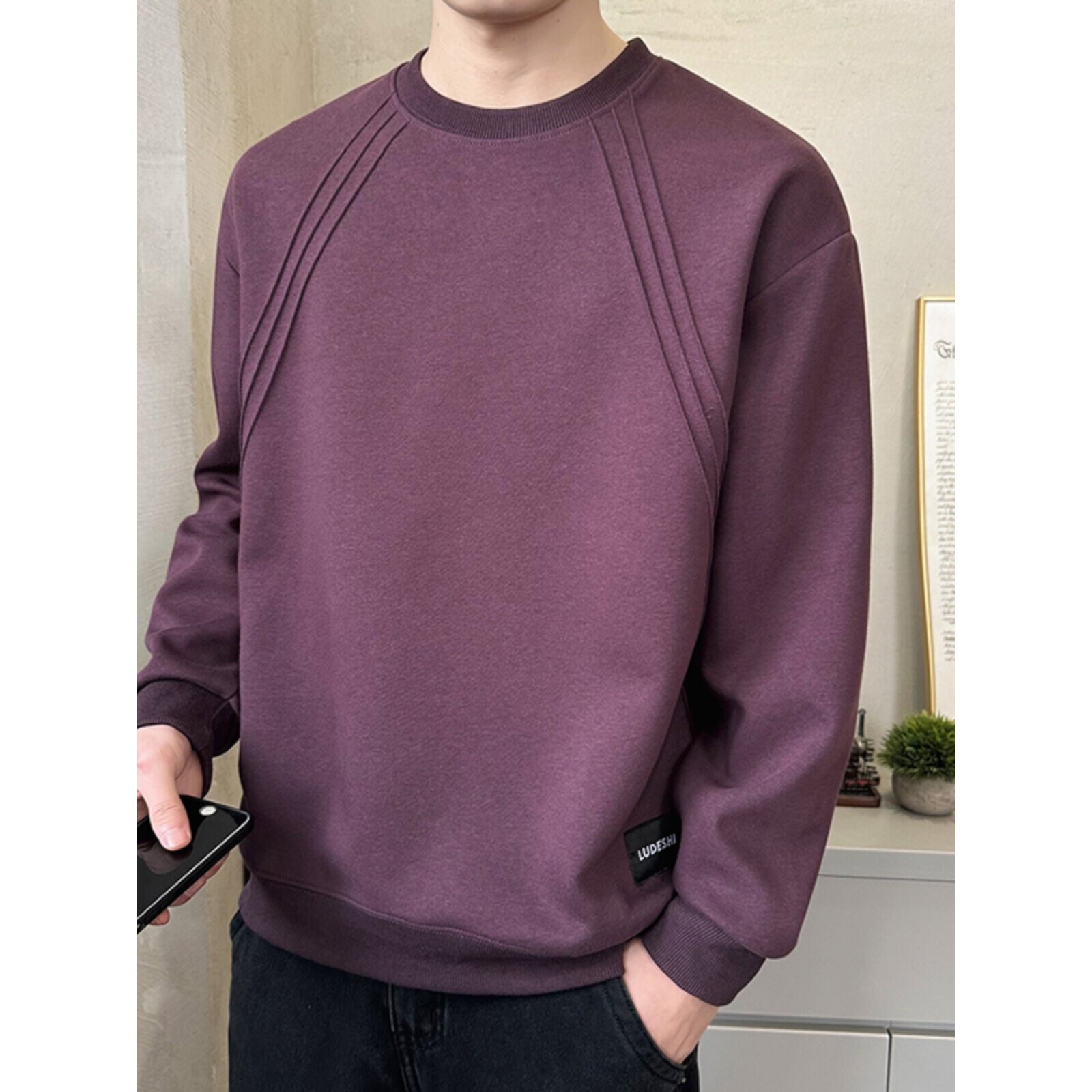 2026春季新款圆领卫衣男士纯色百搭打底衫微宽松春秋长袖T恤男装