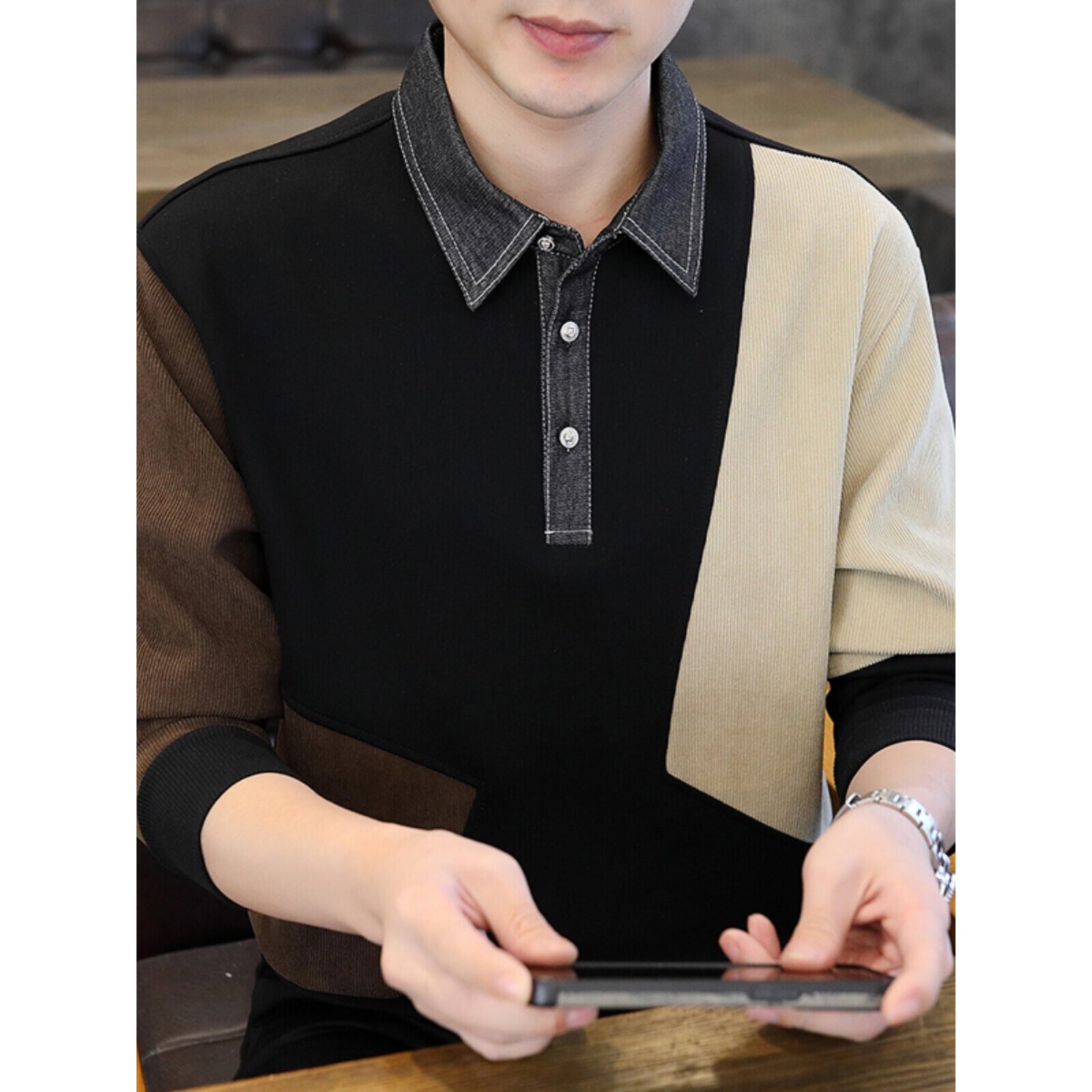 翻领卫衣男士春秋季2026年新款POLO衫秋冬季加绒加厚拼色长袖t恤