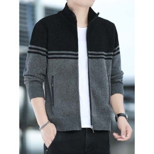 立领拉链针织开衫外套男士秋冬季加绒加厚毛衣男款休闲外搭毛线衣