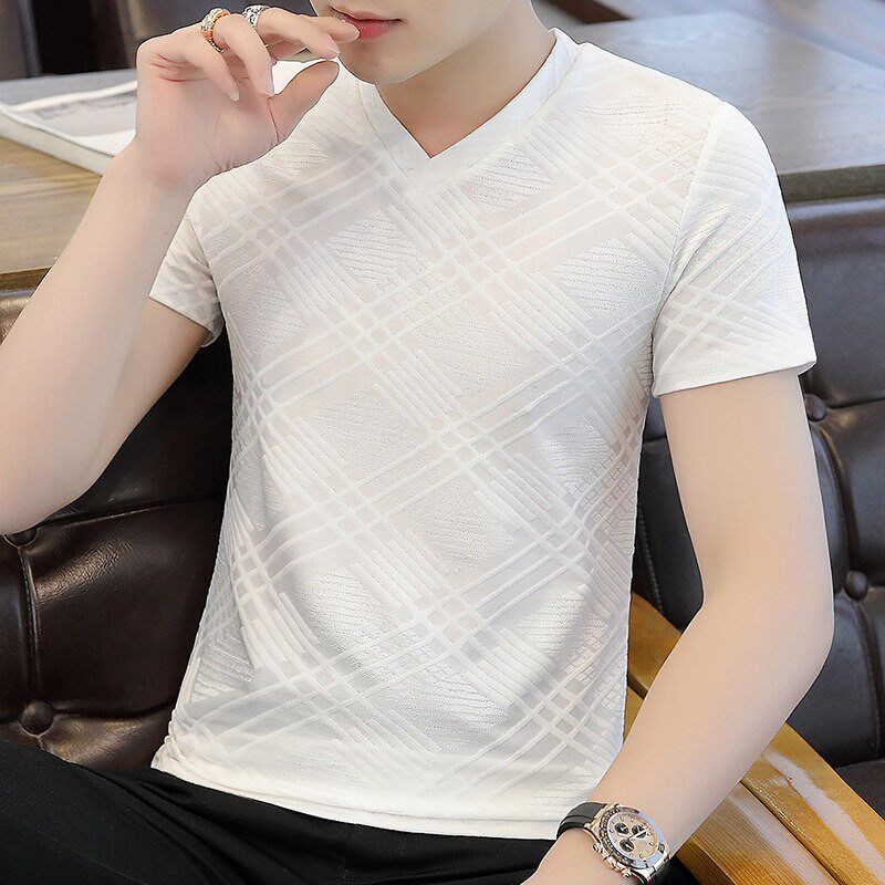 2026新款夏季t恤男短袖冰丝速干潮流半袖V领修身薄款纯色休闲上衣