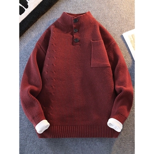 安哥拉红毛衣男款秋冬季半高领针织衫男打底衫青少年毛线衣外套潮