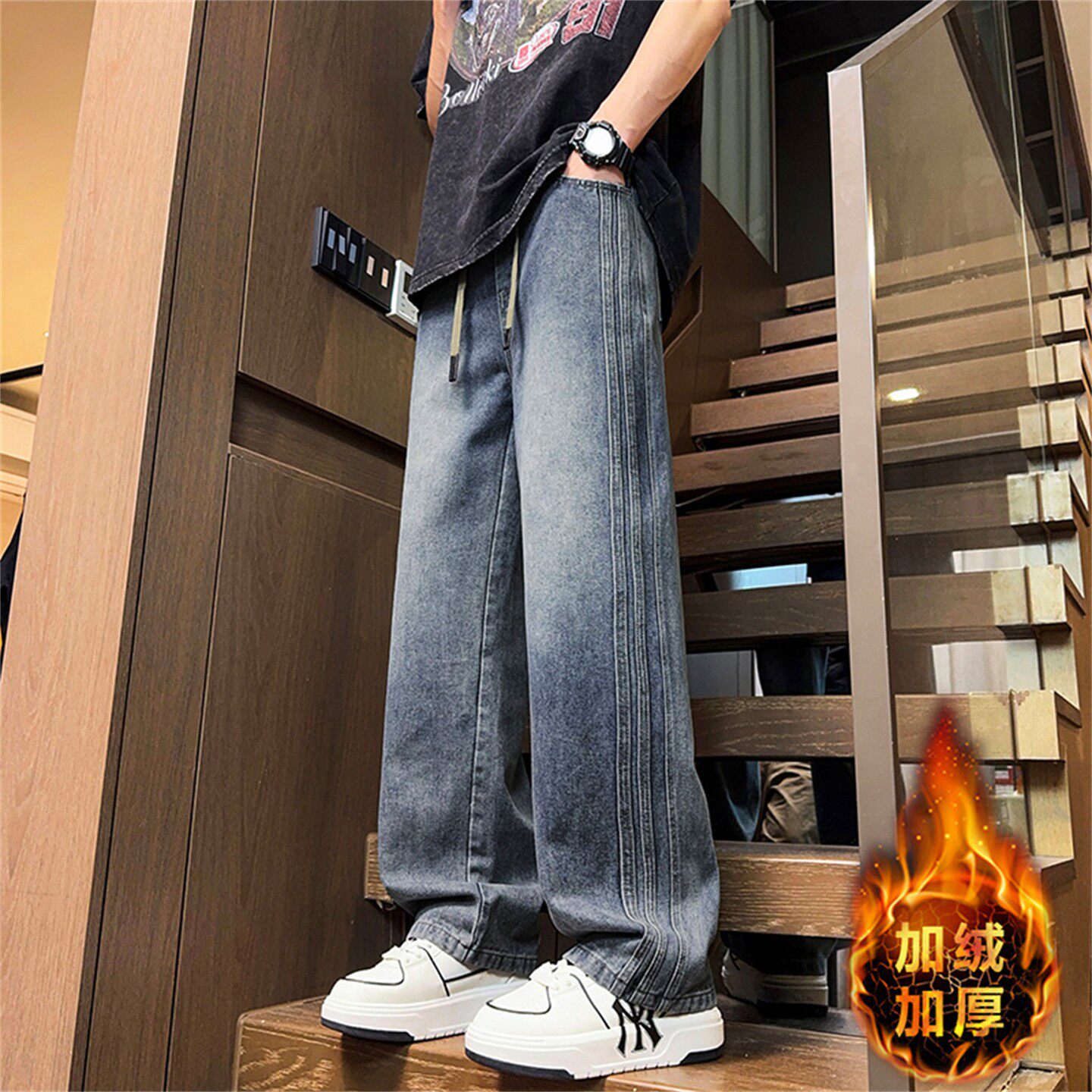 青少年加绒加厚牛仔裤男生秋冬款美式潮牌宽松直筒阔腿休闲长裤子