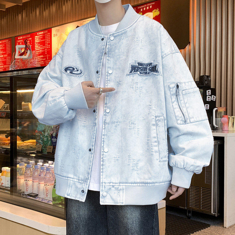 美式复古棒球服男款春秋季青少年牛仔外套男潮流痞帅水洗夹克衫男