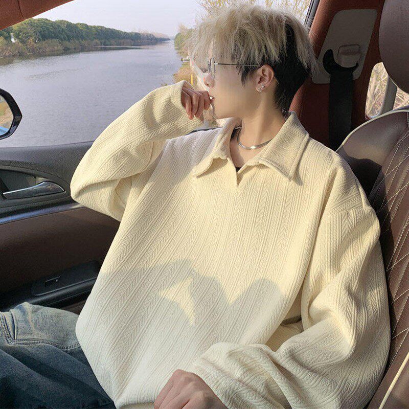 麦穗纹Polo领卫衣男春季2026新款潮牌宽松长袖T恤美式休闲上衣男T